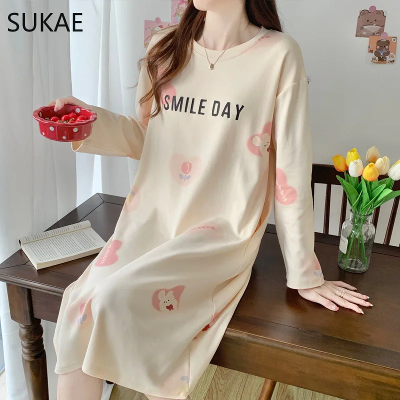 SUKAE Spring Autumn New Faxu Cotton Women Nightgowns Casual Sleep Tops Long Sleeves Sleepshirt Leisure Girls Cartoon Sweet Dress