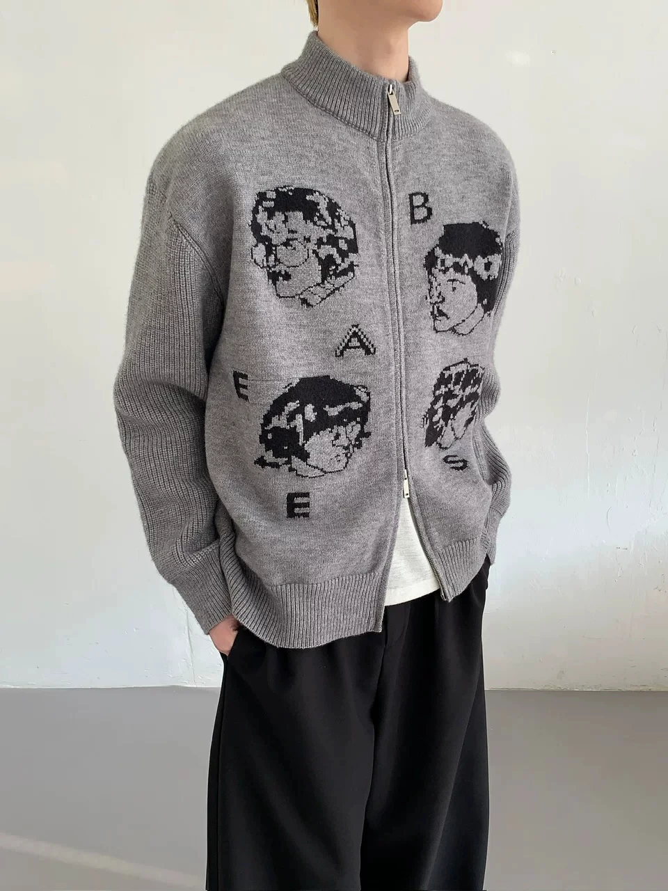 American Style Knitted Sweater with Zipper Stand Collar Men's Lazy Versatile Sweater Cardigan Outerwear for Autumn And Winter
