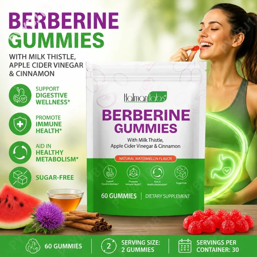 HatmanLabs Berberine Gummies with Milk Thistle Apple Cider Vinegar & Cinnamon for Immune & Digestive Wellness Support 60 Gummies