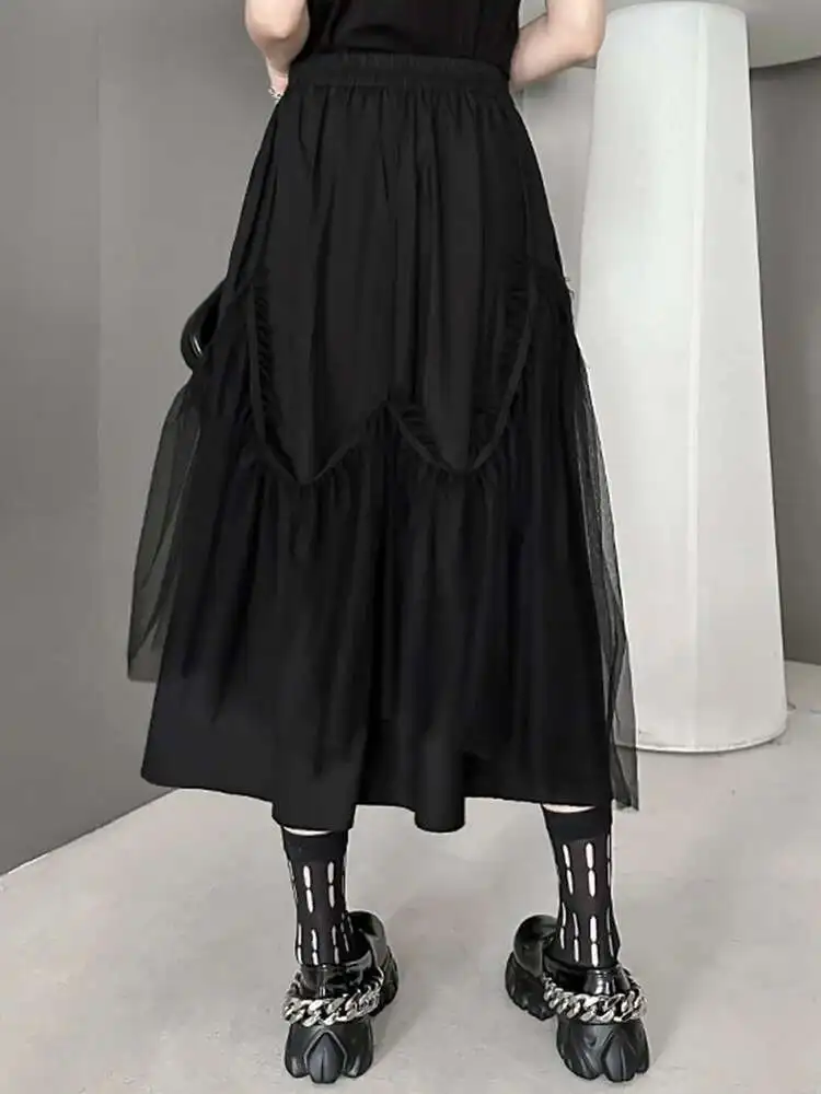 High Elastic Waist Black Irregular Mesh Long A-line Half-body Skirt Women Fashion Tide New Spring Autumn