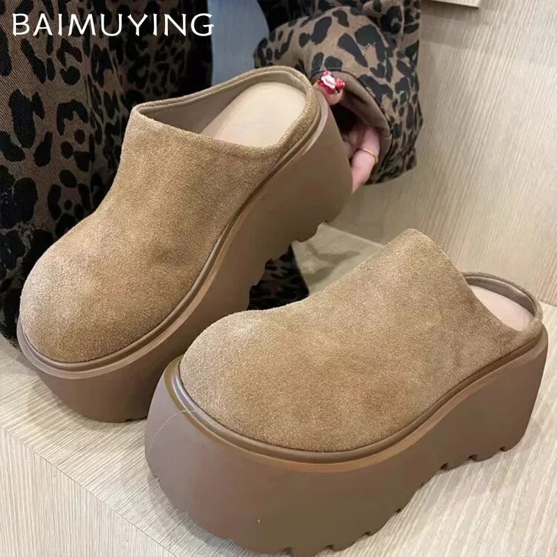 Mules à Talons Hauts en Daim pour Femme, Pantoufles d'Hiver à Plateforme, Chaussures Courtes en Peluche, en Coton, Tendance Décontractée, 2024