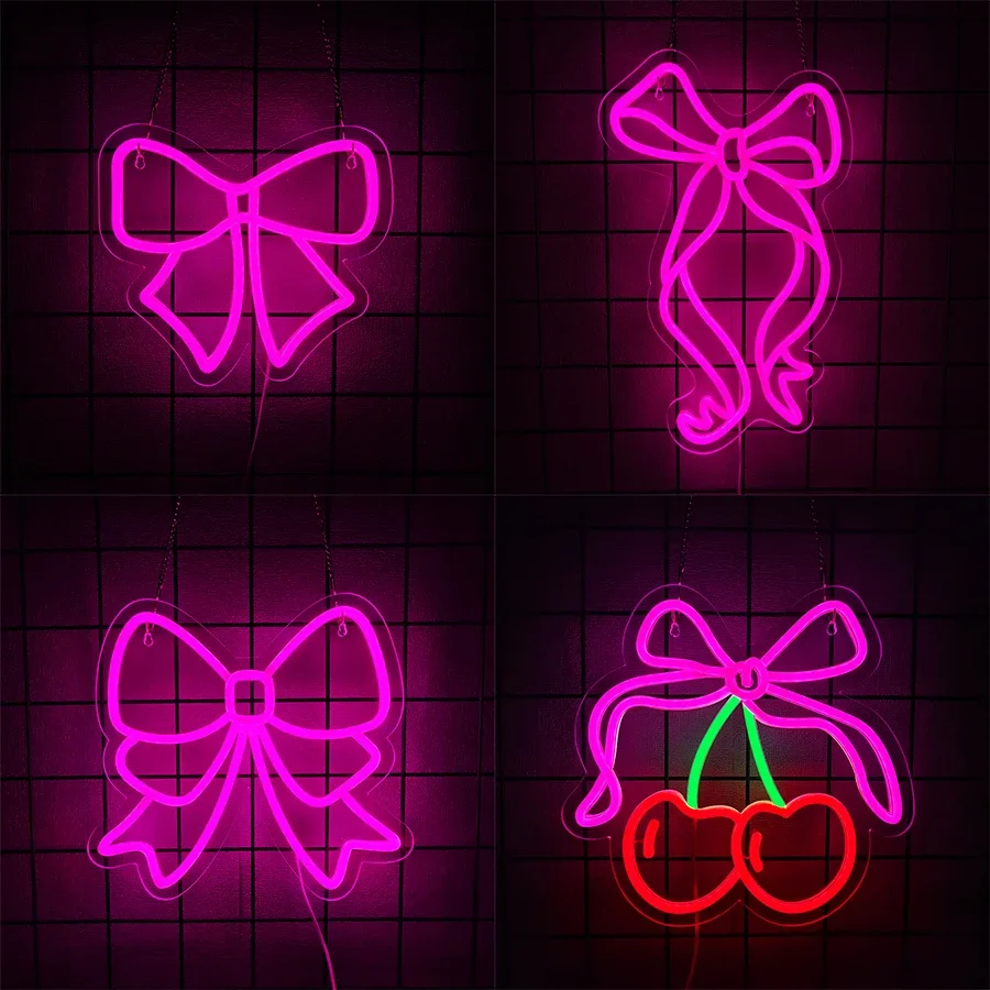 

Общежитие, вечеринка, настенный светильник для салона красоты, рождественские подарки, неоновая вывеска с анимацией, милая значок с бантом, подходит для декора комнаты для девочек.