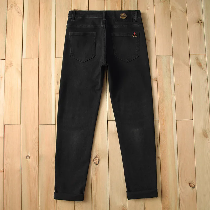 Nieuwe Pure Zwarte Jeans Heren Klassieke Straight Slanke Stretch Vervaagde Vintage Eenvoudige High-End Betaalbare Luxe Broek