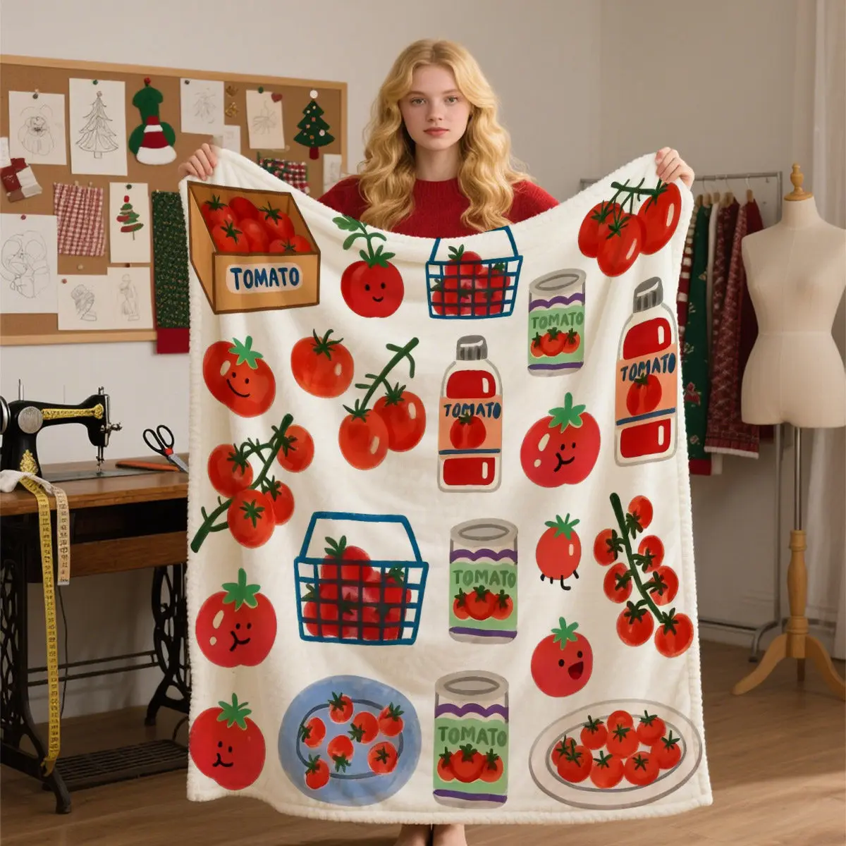 Fun Hand Drawn Tomato Food Throw Blanket, Cartoon Red Fruit Kitchen Element Warm Blanket for Couch Trip Household Casual Sweet