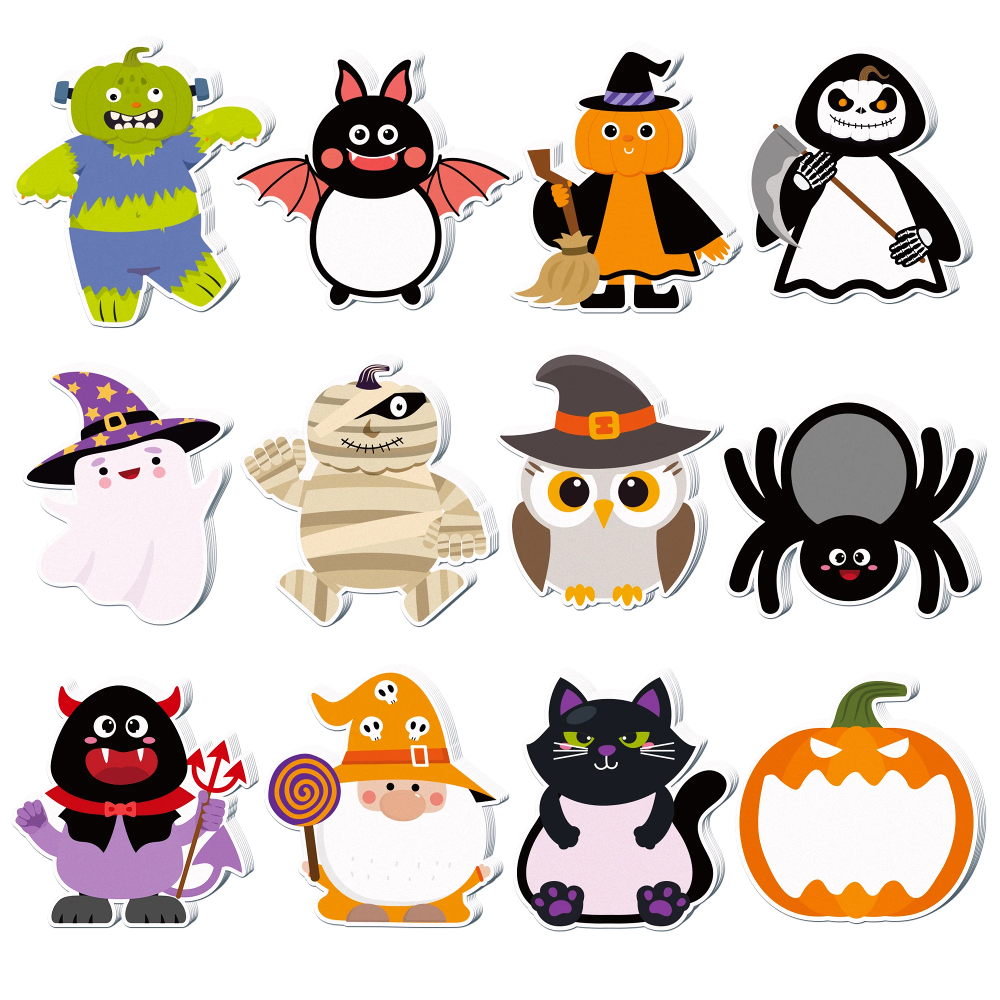 12pcs=240Pages Halloween Theme Memo Pads Set Sticky Notes Stationery Label Notepad Self-Adhesive Refrigerator Memo Book Supplies