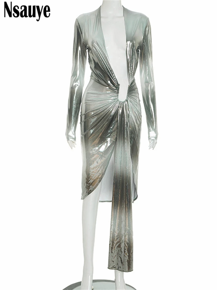 Nsauye Vrouwen Elegante Sexy Laag Uitgesneden Tie Dye Print Lange Mouw Avondjurk Party Night Club Outfits Hoge Split Jurk 2025