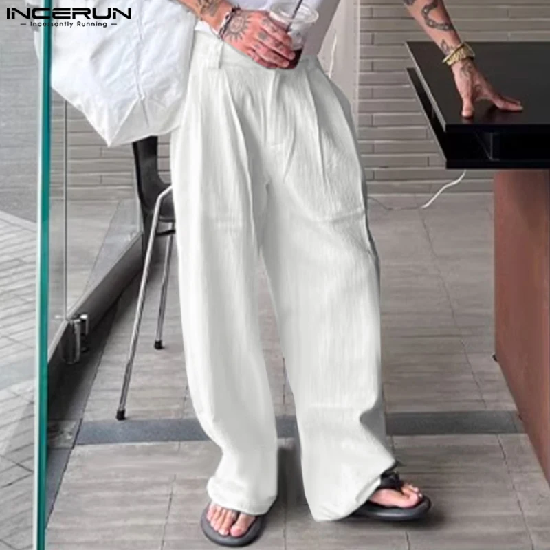 

INCERUN Men Pants Solid Color Joggers Oversize Button Casual Straight Trousers Men 2025 Fashion Male Long Pants S-5XL Streetwear