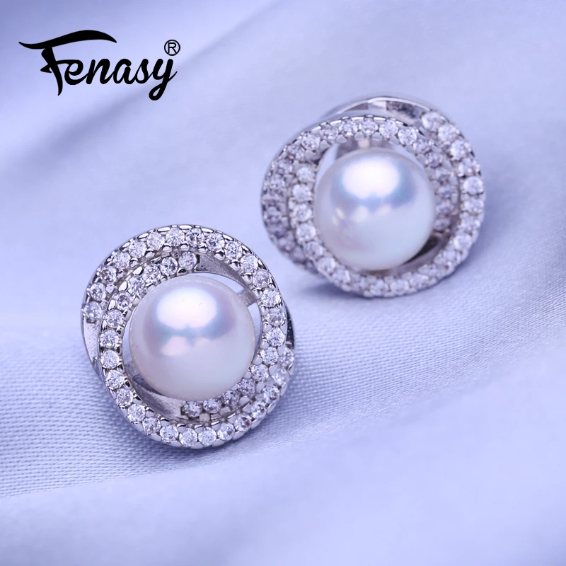 FENAS Natural Freshwater Pearl Earrings For Women Fashion Silver Color Stud Earrings Boho Jewelry