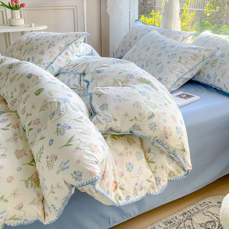 Set di biancheria da letto a fiori per ragazze pastorali, biancheria da letto in cotone lavato, Set di lenzuola con copripiumino morbido, copriletto