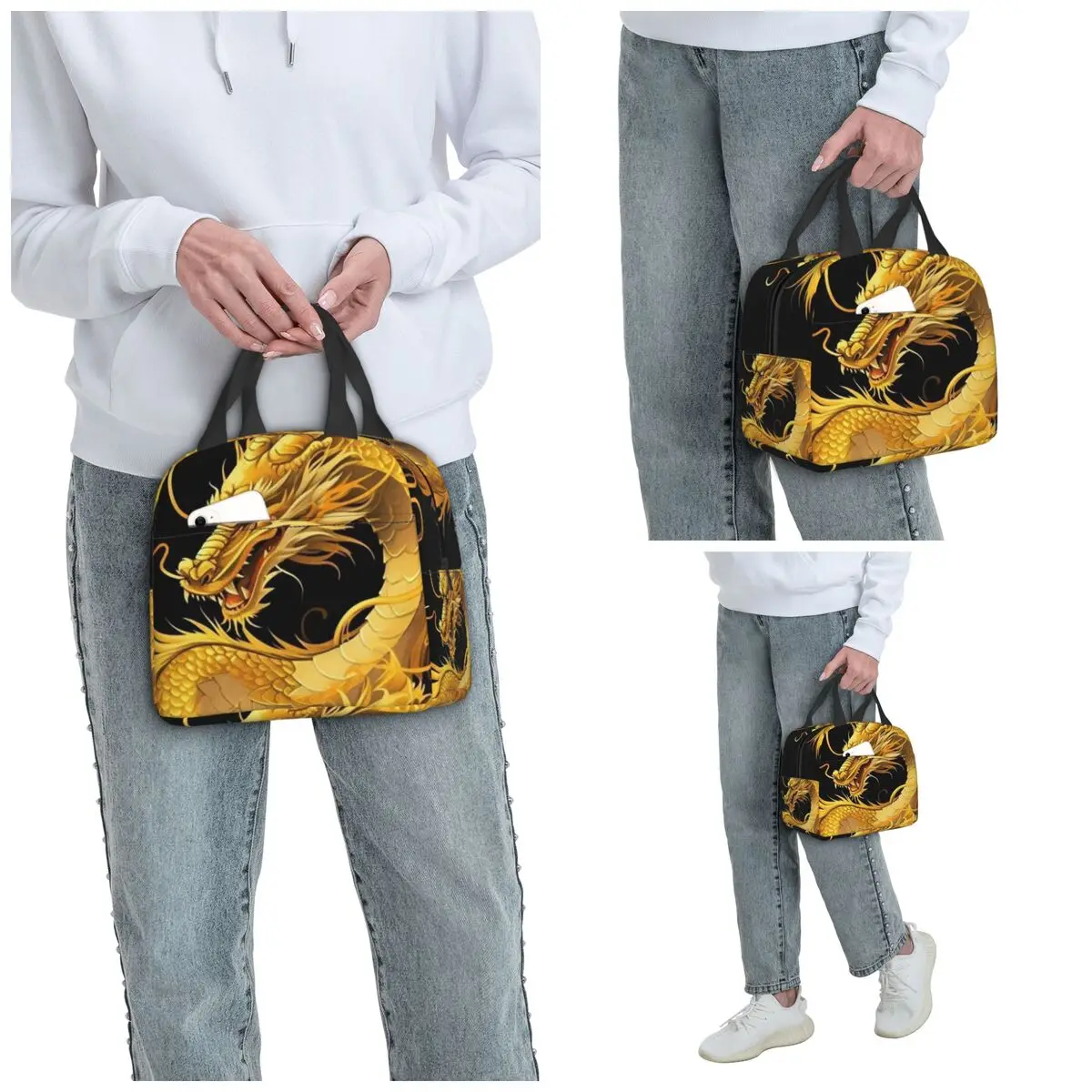 Golden Dragon Pattern Insulated Lunch Bag for Kids School Cooler Thermal Food Box Tote Portable Lunch Boxes Container