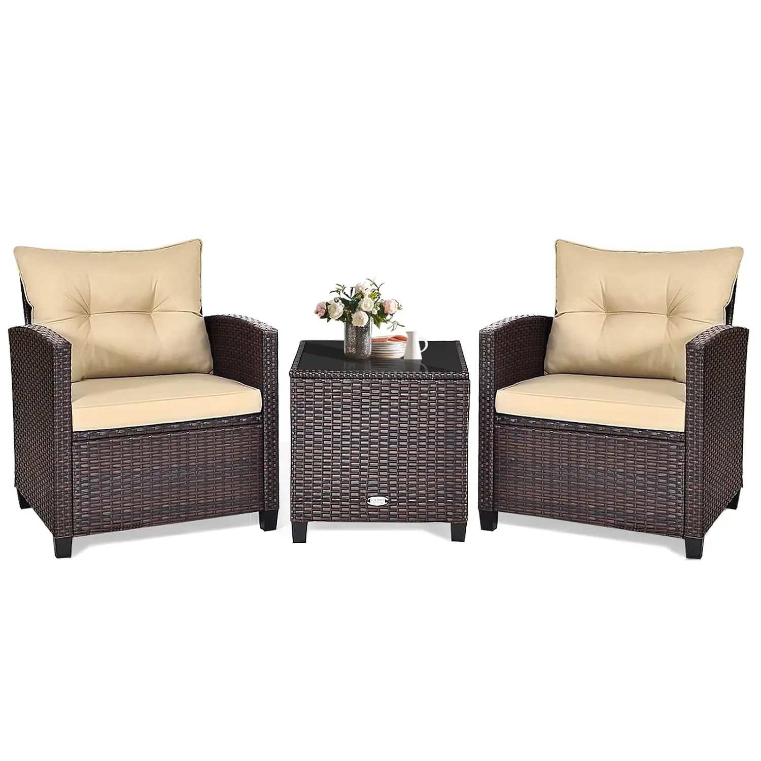 3-Piece Outdoor Patio Set with Washable Cushions & Glass Table, PE Rattan Wicker Furniture for Porch Balcony, Customized