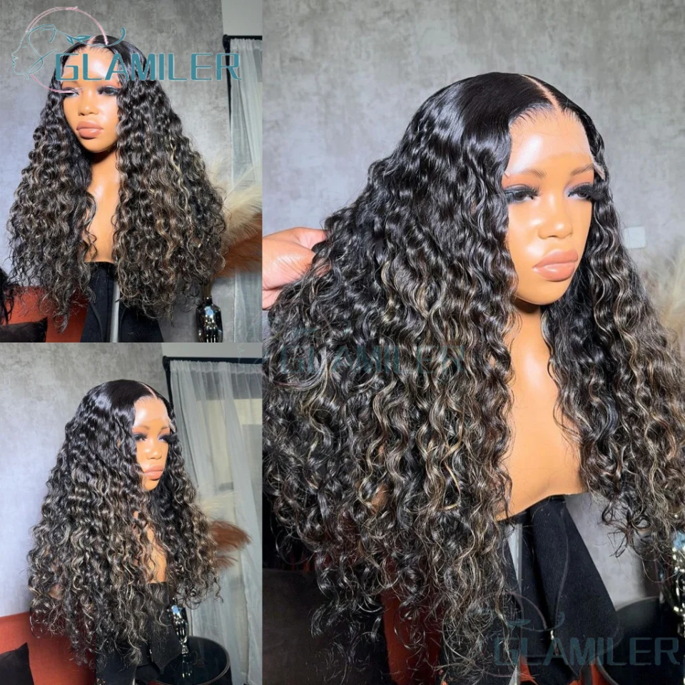 Perruque Lace Front Wig sans colle naturelle bouclée, Deep Wave, HD, 13x6, couleur blond miel, à reflets, en solde