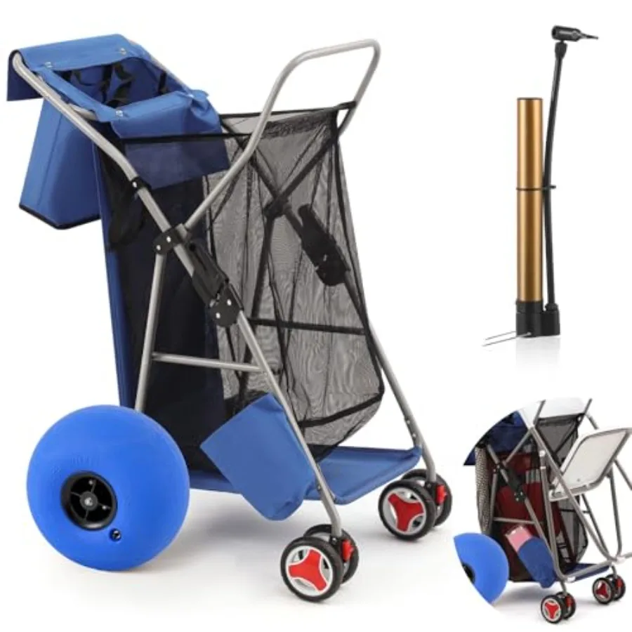 Beach Cart for sand and most terrain with 12 inch balloon wheels, rust-free aluminum frame, blue color, foldable design, body b