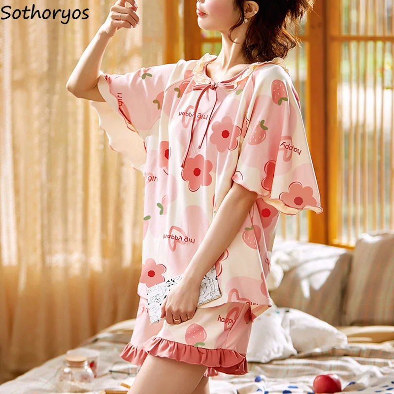 

Popular Daily Pajama Sets Sweet O-neck Ruffles Print Short Sleeve Tees Soft Sleepwear Shorts Pajamas for Teen Girls Ulzzang Ins