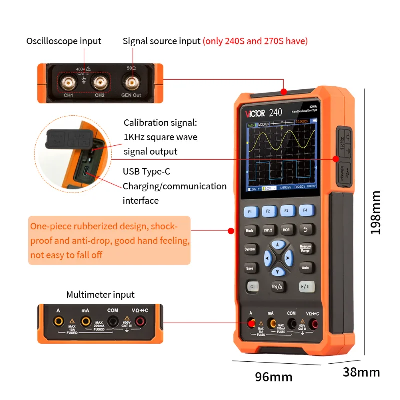 Oscilloscope 3-in-1 Digital Oscilloscope Waveform Generator Ture RMS Multimeter Handheld 2CH USB Type C 40/70MHz LCD Test Meter