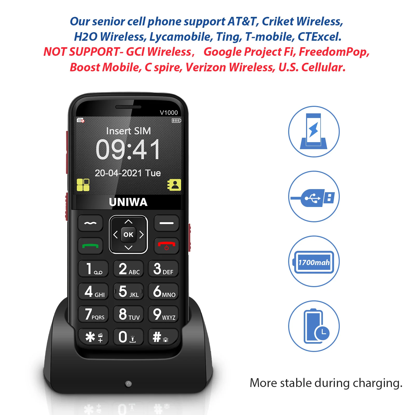 2.31 Inch Screen Big Button Brand 4G Senior Bar Cell Phone for Elderly with SOS Alarm and Docking Station Charger