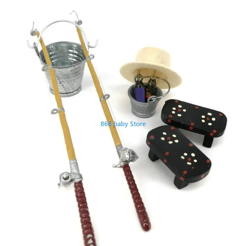 

29EE 1/12 Dollhouse Miniature Fishing Rod Hat Bucket Stool Model for Doll Life Decora