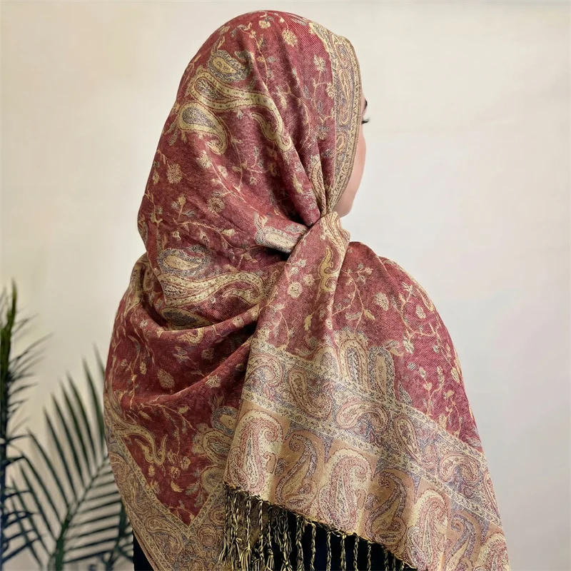 Burgundy Gold Paisley Jacquard Scarf Women Soft Tassel Shawl Wrap Vintage Bohemian Scarves For Autumn Winter Travel Gift