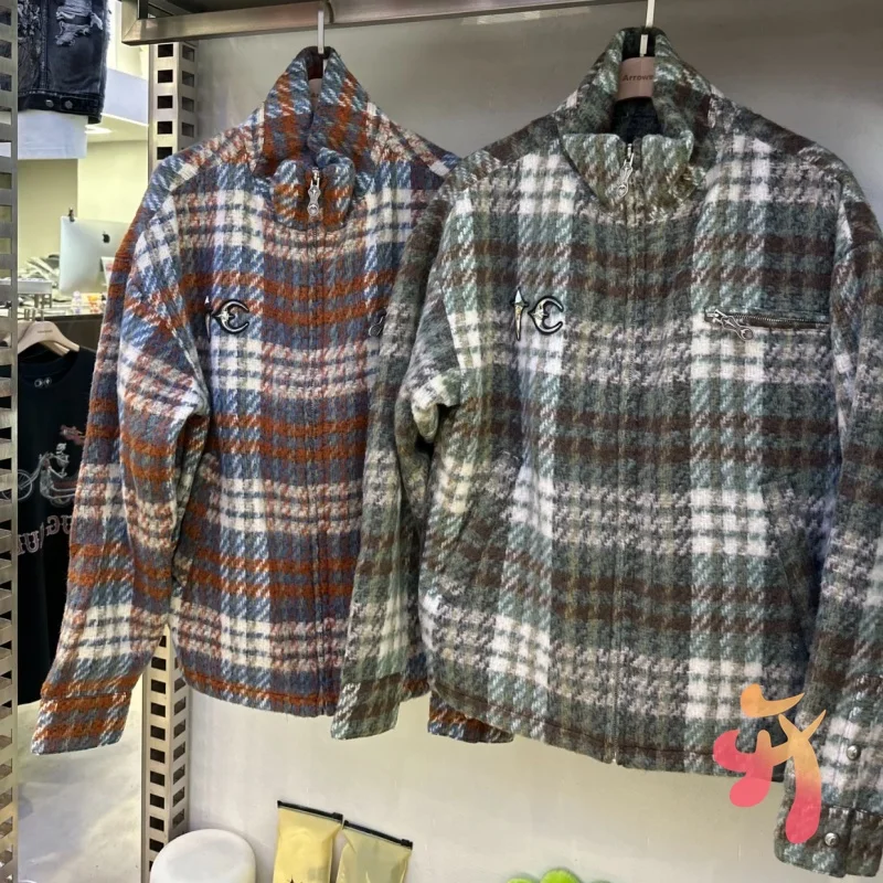 

Зимние зеленые сетчатые полосатые куртки для клуба с вышивкой, утолщенные рубашки на молнии со звездой и луной, повседневные уличные мужские и женские пальто