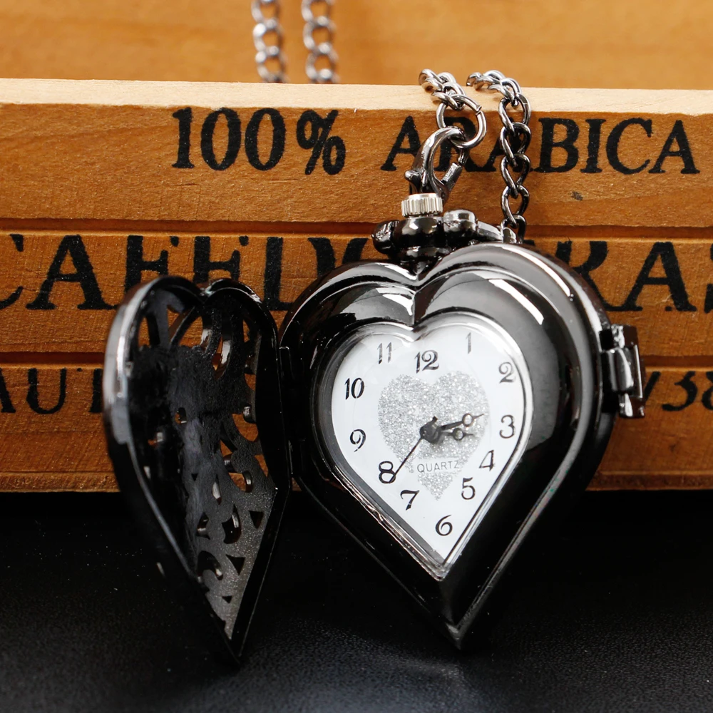 Vintage Elegant Heart Shaped Silver/Black/Bronze Necklace Watch for Lady Lovely Girl Necklace Pendant Pocket Clock Gift