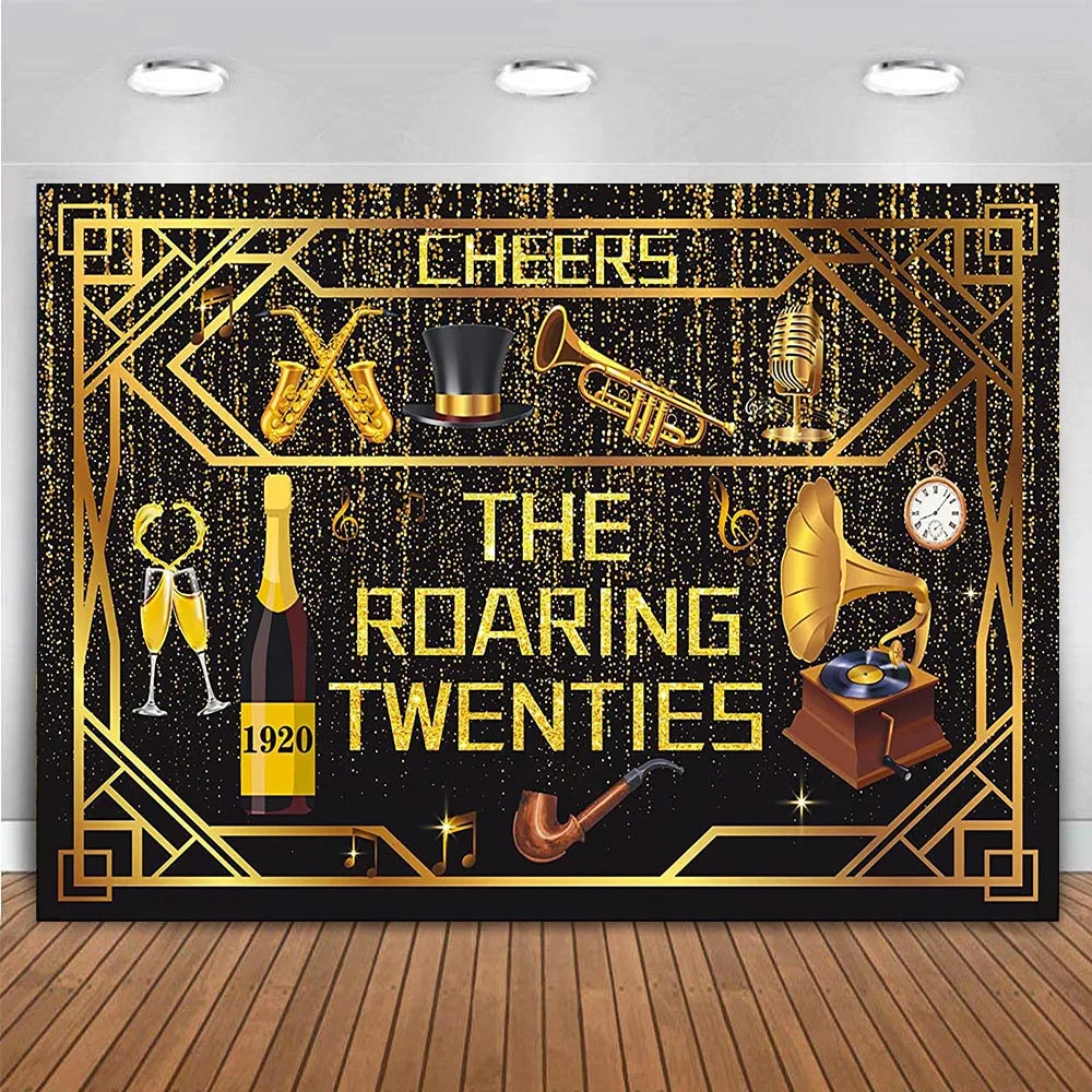 Gatsby Theme Roaring 20s Birthday Party Decoration Banner Backdrop Black Gold 1920s Vintage Wedding Club Bar Background Vinyl