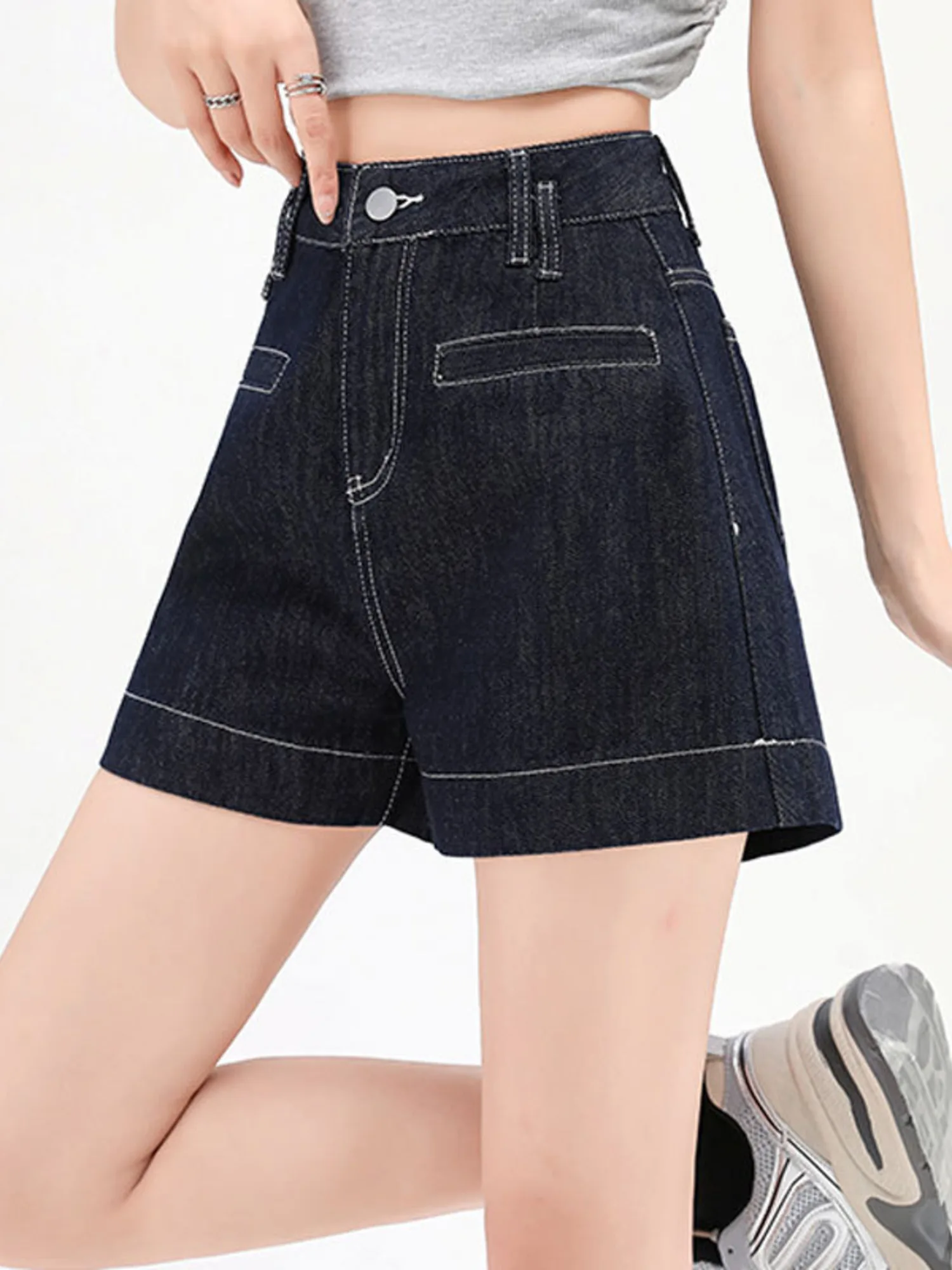 

Women High Waist Denim Shorts Contrast Stitching Vintage Jean Shorts Roll-Up Hem Y2K
