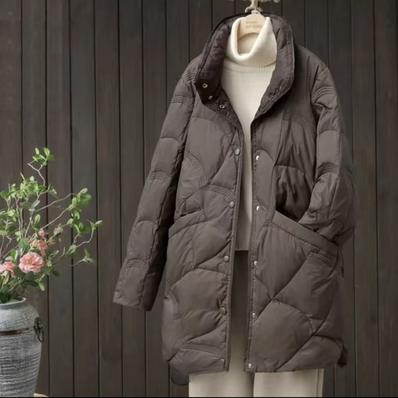 Women's Models Fall Winter Tops Jacket Down Jacket White Duck Down Standing Collar Lightweight Medium-length Comfortable Niche