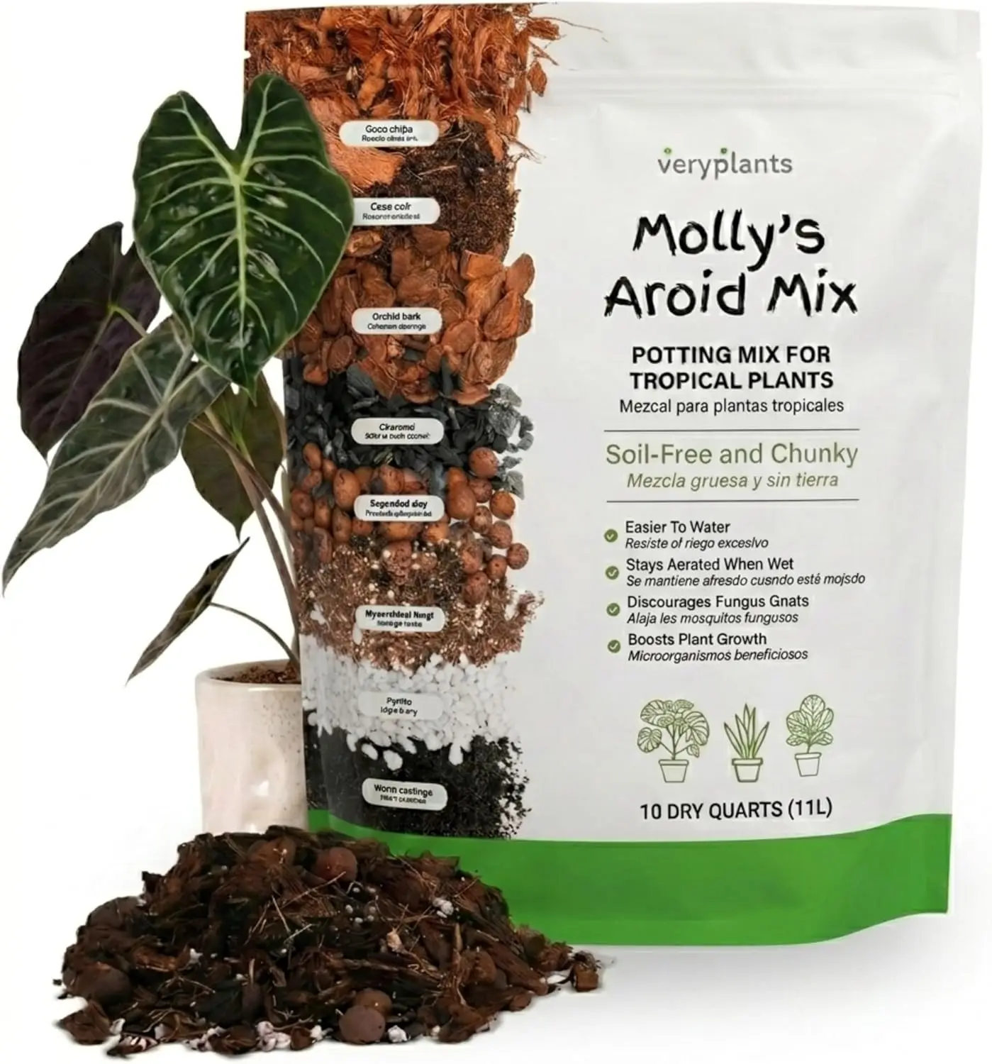 Mezcla de Cultivo sin Tierra Premium para Plantas de Interior - Drenaje Rápido, Textura Gruesa y Fácil Riego con Corteza, Virutas de Coco y Humus de Gusano