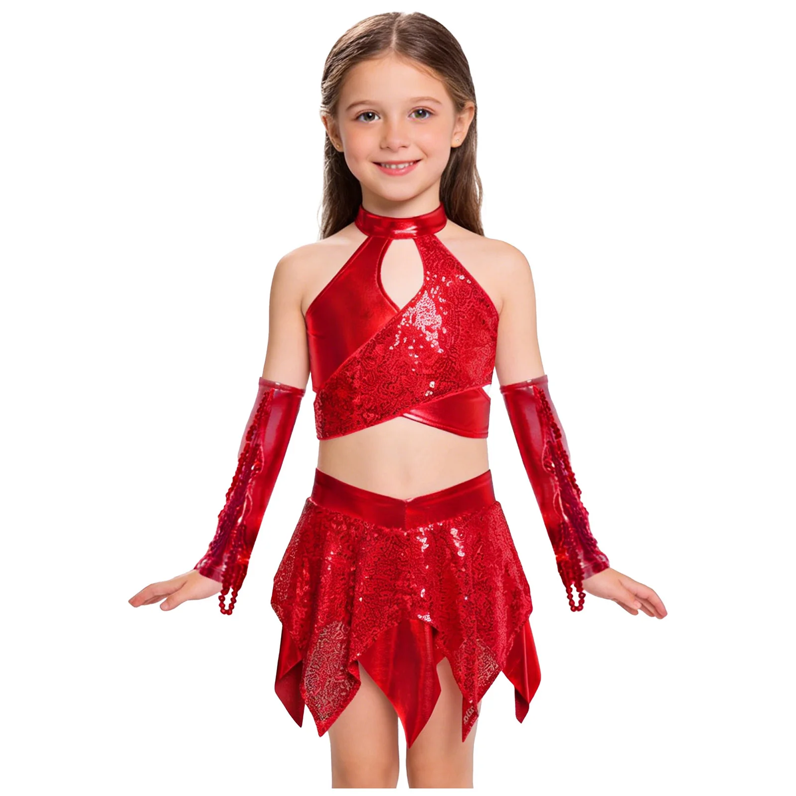 

Костюм для джазовых танцев для девочек, укороченный топ с блестящими пайетками и металлическим укороченным топом с асимметричной юбкой и перчатками с блестками