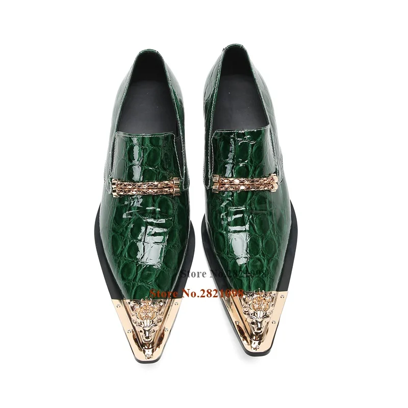 Green Blue Crocodile Lines Metal Chain Metal Toe Male Flats Men Business Dancing Dress Shoes Pointed Toe Shoes