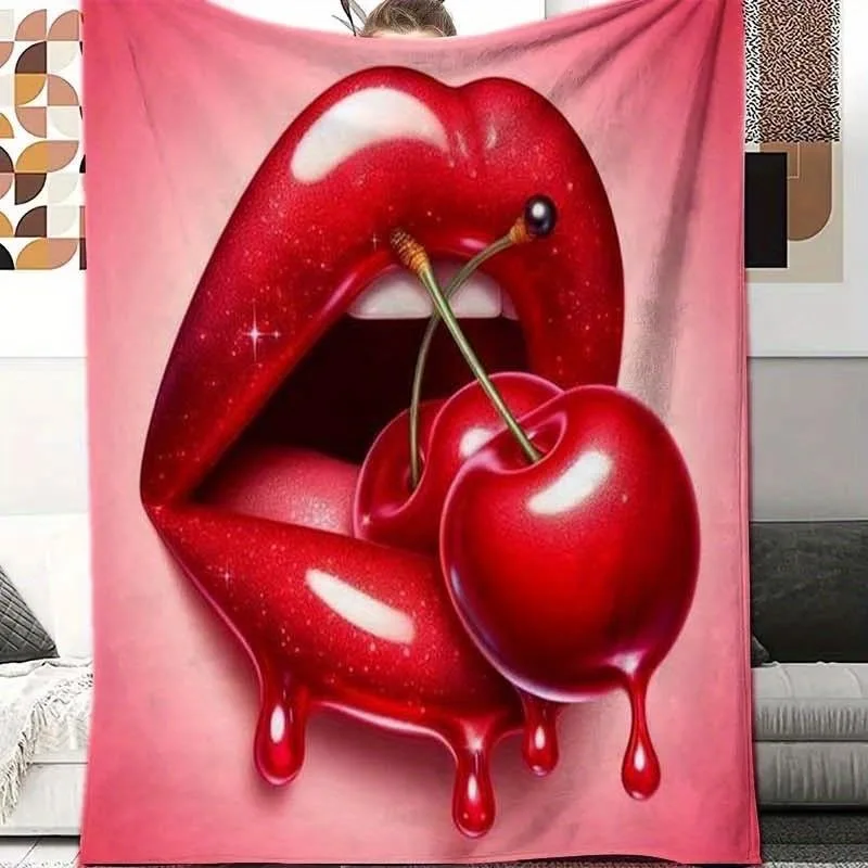 1 Stück ultraweiche Flanelldecke mit Kirschlippenmuster – rosa und roter Lippenstift-Kuss-Bettbezug, Reise- und Urlaubsgeschenk für Frauen