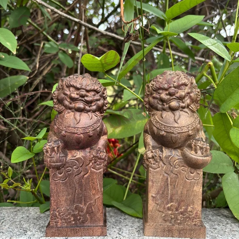 

Hand-Carved Agarwood Lion Statue Pair - 7.08" Tang Dynasty Style Wood Carving Lion Sculpture for Home Decor, Store