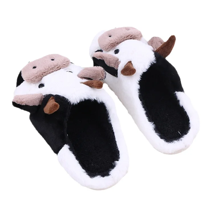 Winter Home Slippers for Couples Warm Plush Neutral Cartoon Cow Indoor Anti Slip Comfortable Cotton Slippers for Men and Women