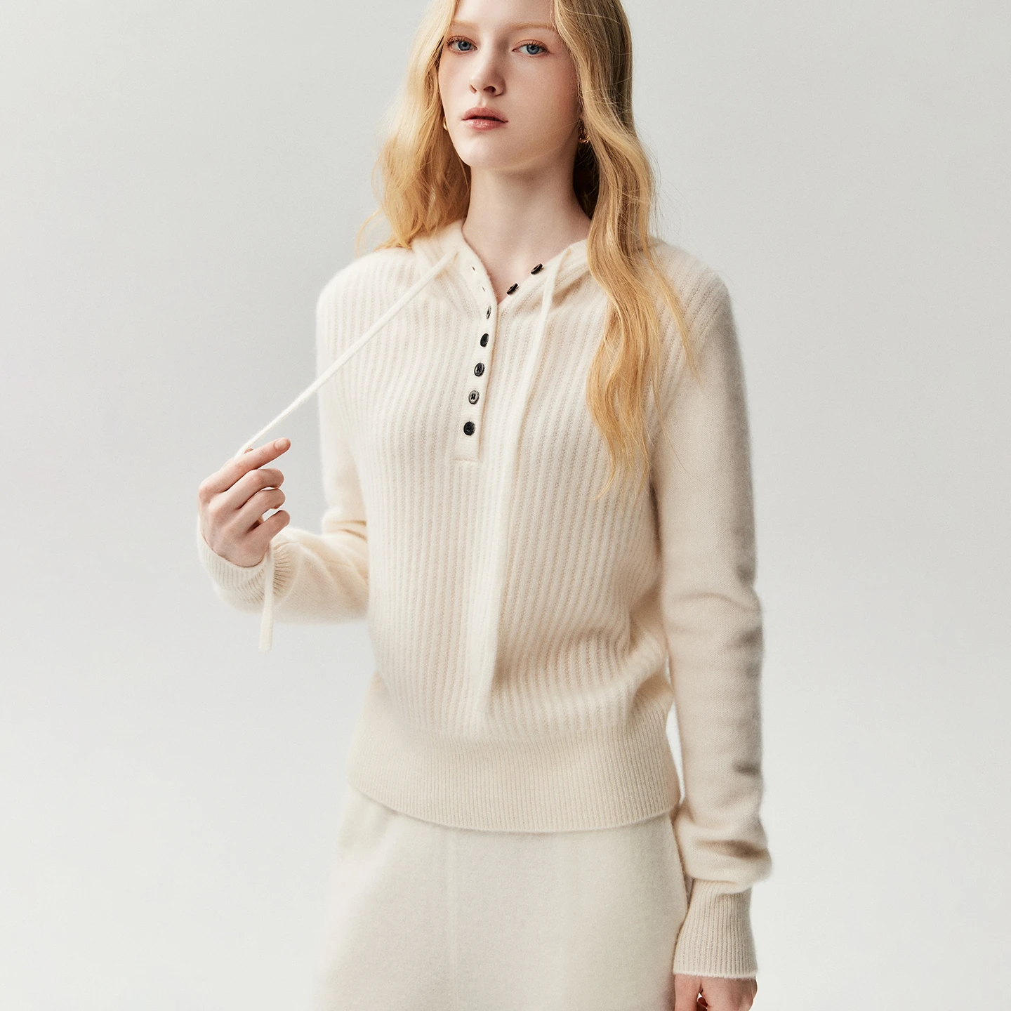 Women's Hooded Pullover 100% Cashmere Sweatser Autumn Winter Clothes Elasticity Vertical Strip Half Buckle Drawstring Thick Knit