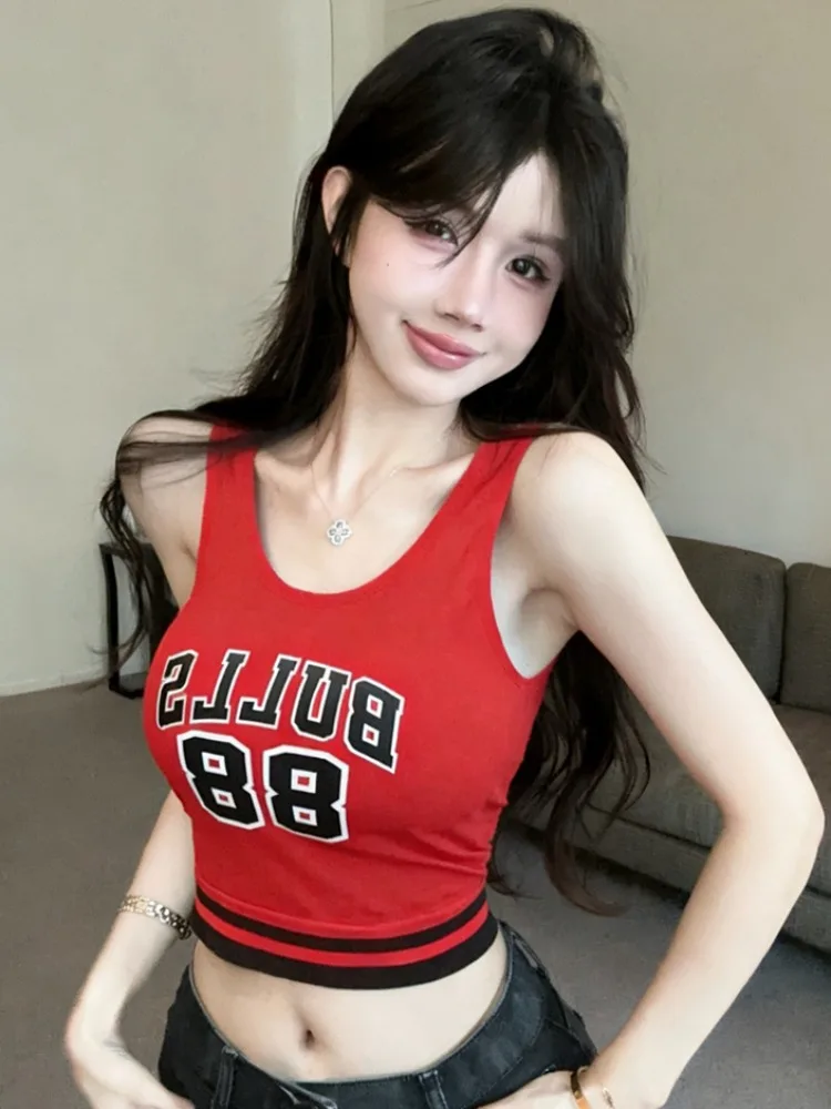 

Retro Spicy Girl Letter Print Sports Sleeveless Vest Women's Summer New Style Dopaamine Belly Button Short Top Outdoor Wear