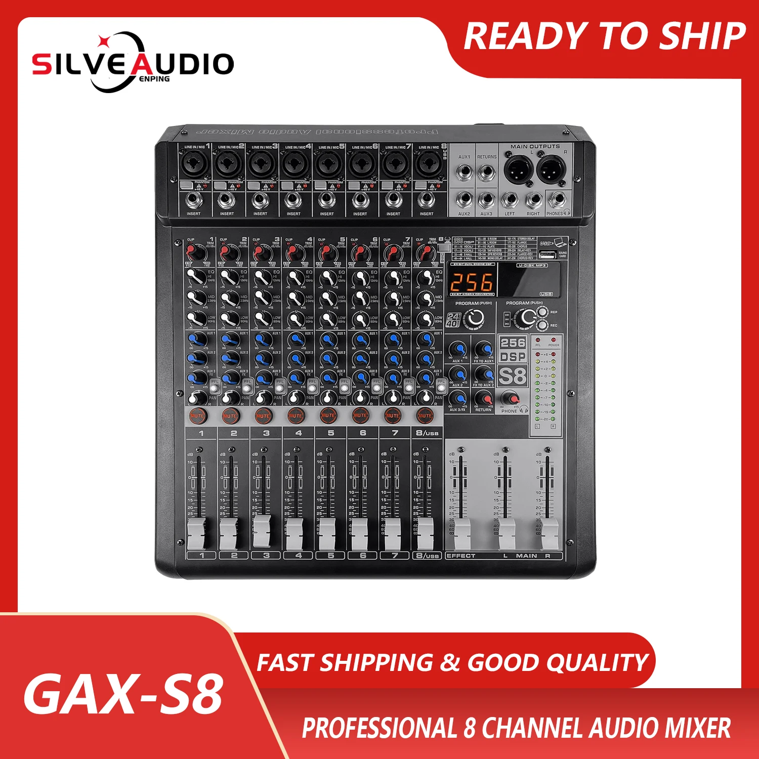 GAX-S8 Professional Audio Mixer 8 Channel DJ Controller With 256 DSP Effect BT 5.0 USB Mixer For Bar DJ Performance