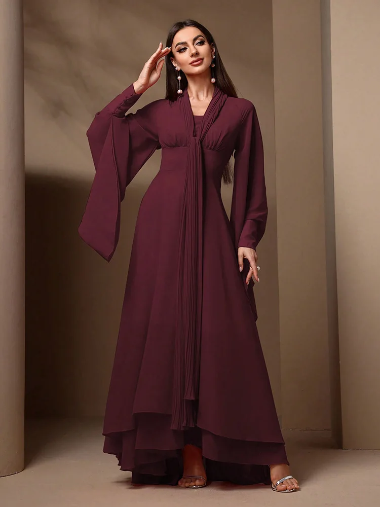 TOLEEN Women Solid Color Bell Sleeve Fit and Flare Chiffon Dress 2024 New Summer Spring Luxury Elegant Formal Party Maxi Dresses