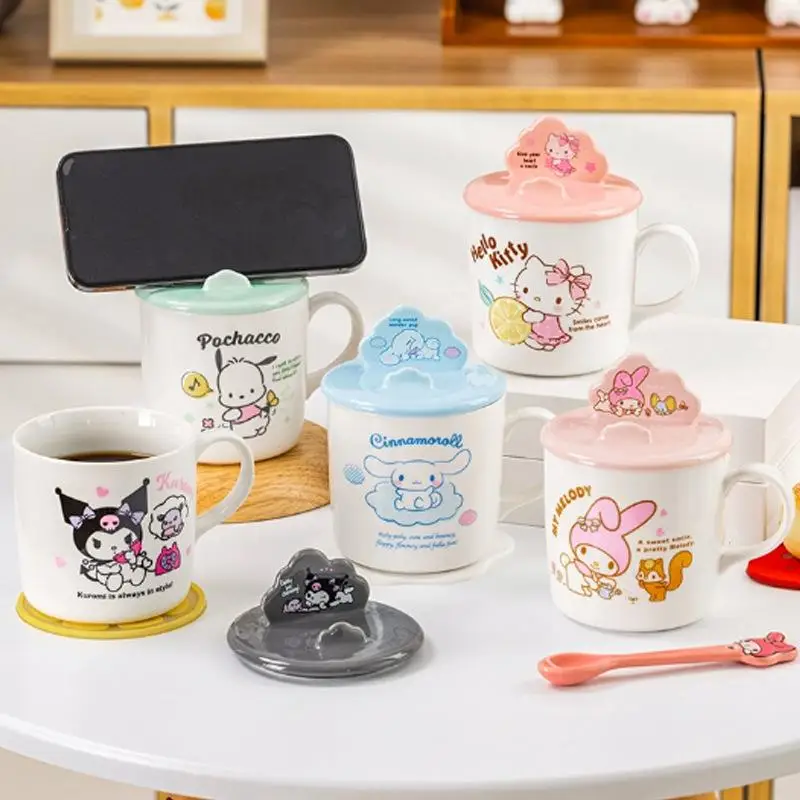 New Sanrio Pochacco Kuromi Hello Kitty Cinnamoroll Cartoon Cute Ceramic Cup Mug with Lid Handle Drinking Cup