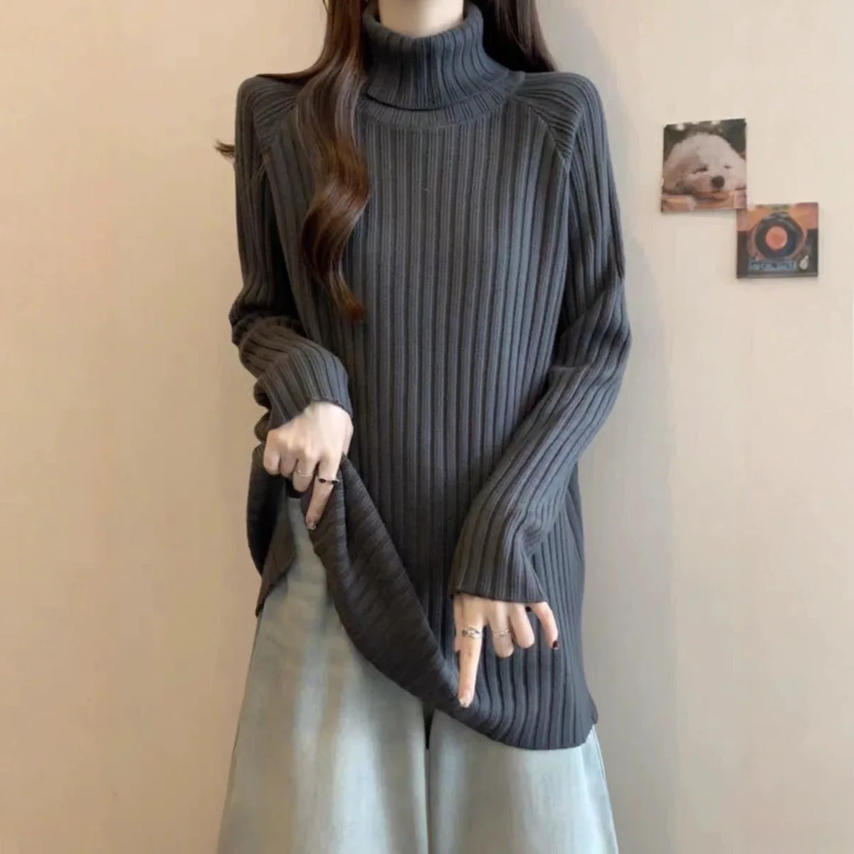 Warm High Turtleneck Sweater Women's Autumn Winter New Lazy Wind Loose Outer Wear Top Medium Long Pullover Knitted Jumper