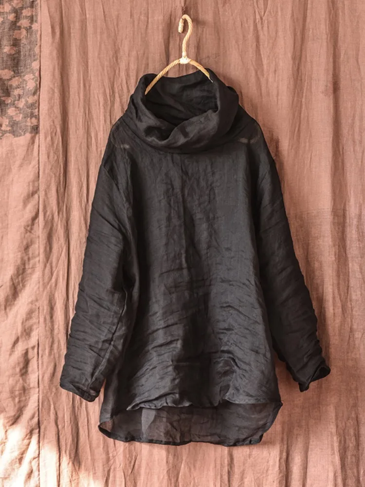 قميص فني بلون نقي من الكتان للنساء، فضفاض ومقاوم للشيخوخة، طبقة أساسية بأكمام طويلة وياقة دائرية، أسلوب عملي، موضة الخريف #3