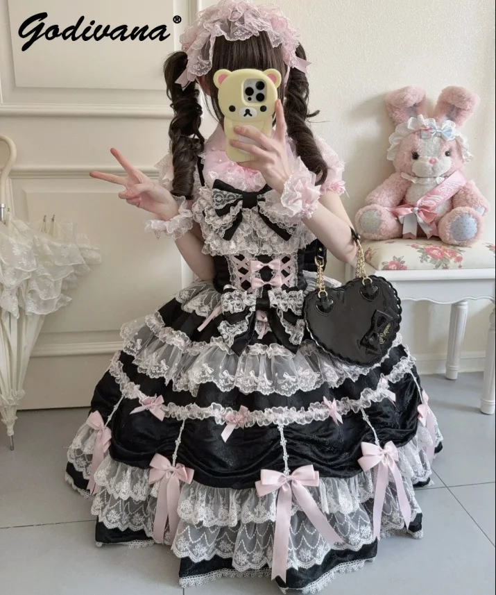 

Sweet Lolita Jsk Dress New Spring Summer Cute Bow Girl Women's Lace Splicing Princess Fairy Cake Dresses