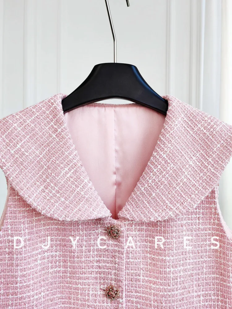 New Sweet floral powder tweed navy collar small fragrant style vest big  size