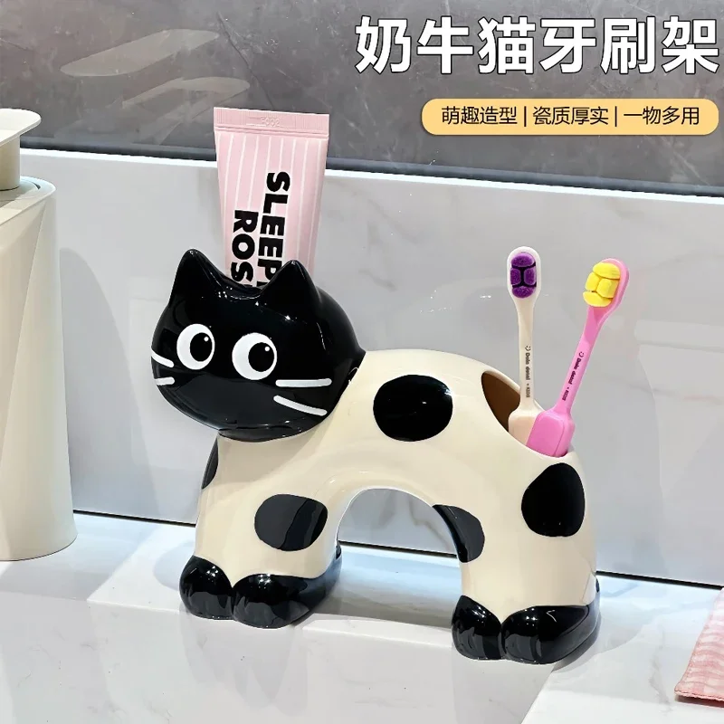 Soporte de almacenamiento para cepillos dientes con diseño vaca y gato, estante drenaje para cepillos dientes eléctr