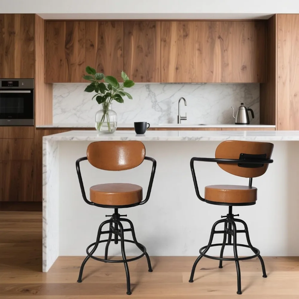 Taburetes de bar modernos de estilo industrial con respaldo, reposabrazos y reposapiés: asientos giratorios y alturas ajustables de 21,7 a 25,6