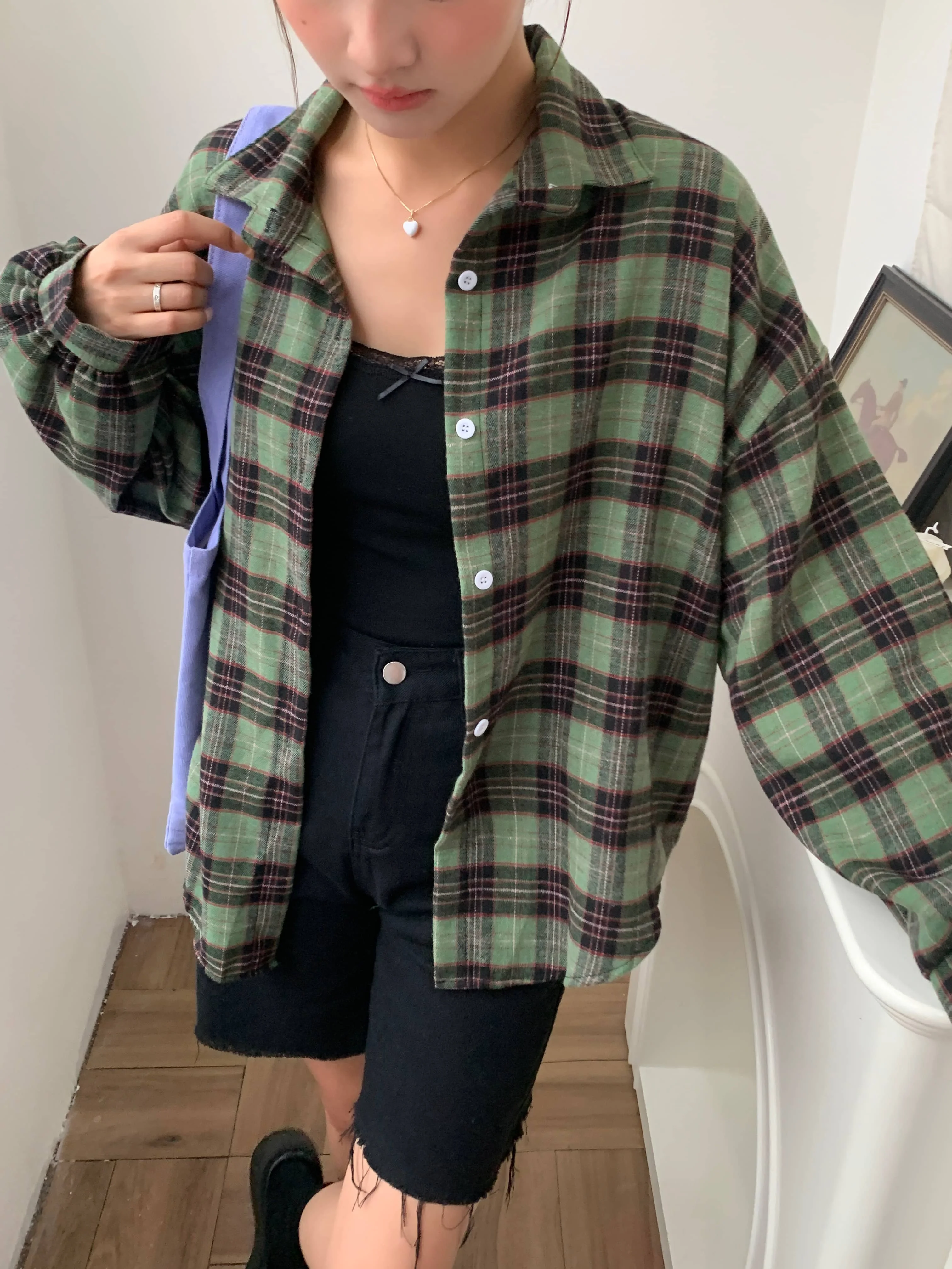 Chemise à carreaux verte pour femmes, col boutonné, surdimensionnée, chemisier, haut pour adolescente, Style petit ami, tenue chemises à carreaux