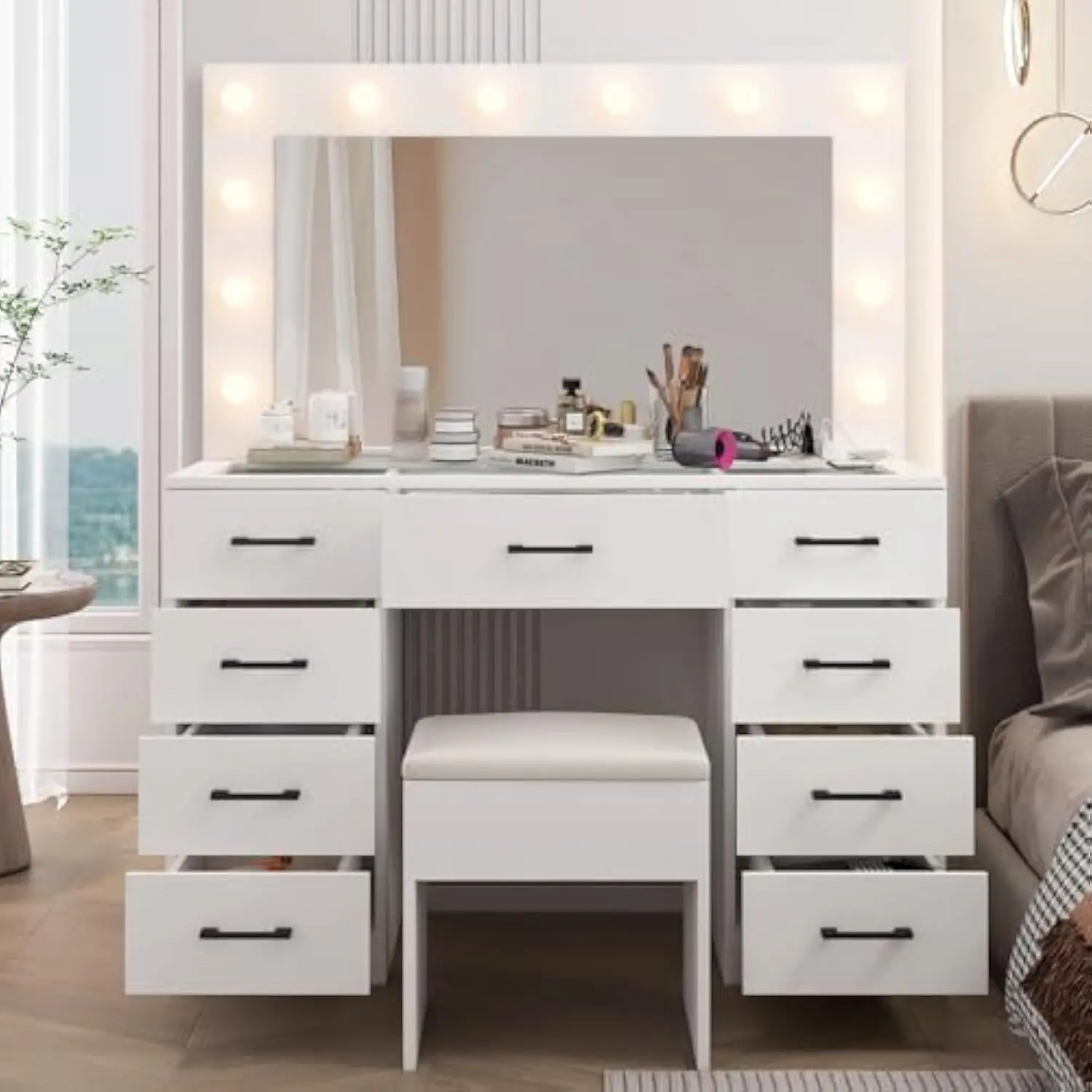 Meja Rias Rias dengan Cermin dan Lampu, Meja Rias dengan 9 Laci & Bangku Empuk, Meja Rias dengan Bagian Atas Kaca & 12 Led