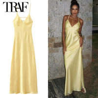 TRAF Yellow Dresses Women Satin V Neck Midi Dress Summer Backless Strap Slip Dresses Elegant Evening Party Dress 2025 Vestidos