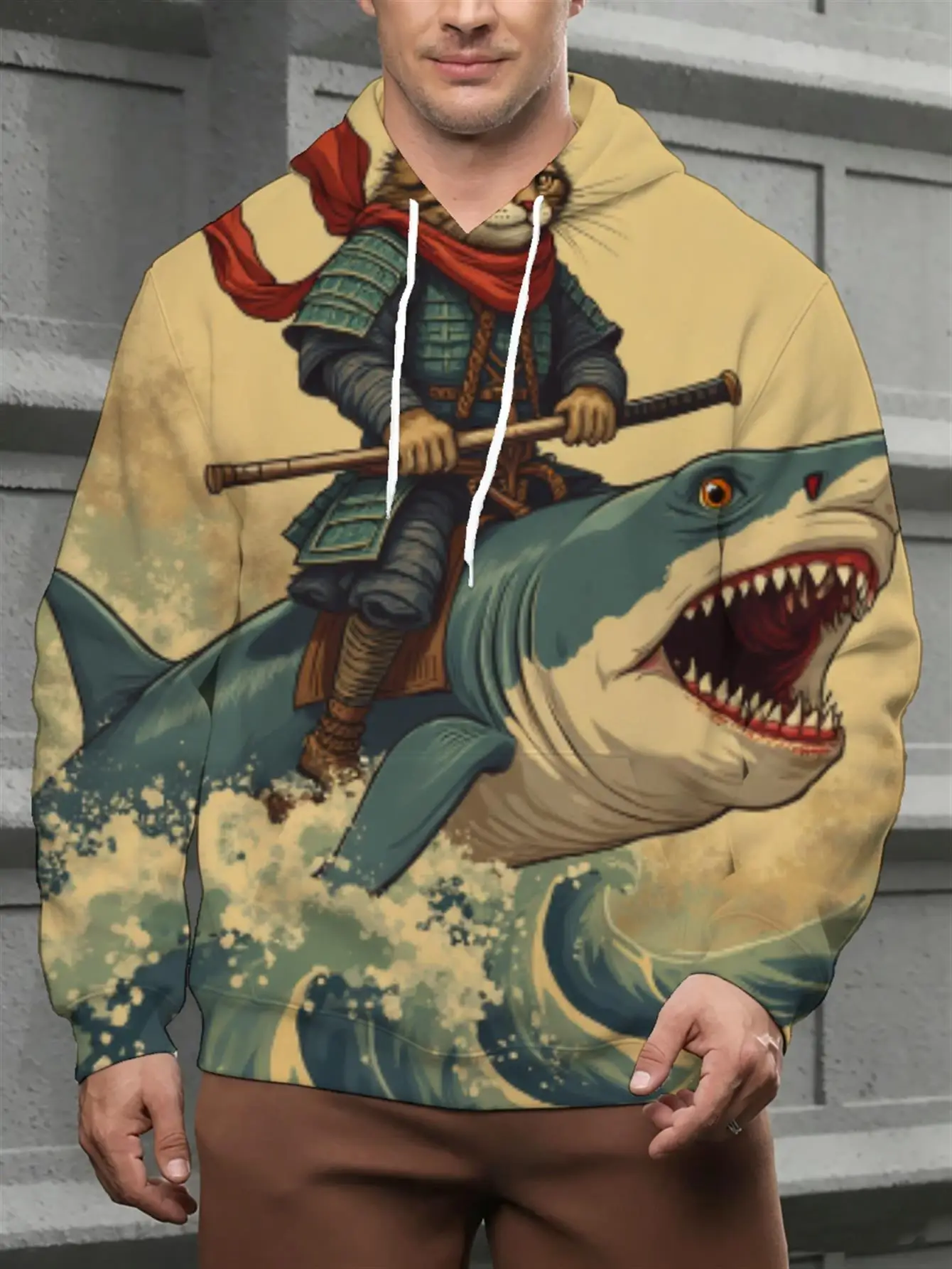 Men All Over 3D Print Hoodie Samurai Cat Riding Shark Wave Full Graphic Drawstring Oversized Streetwear Pullover Sweatshirt