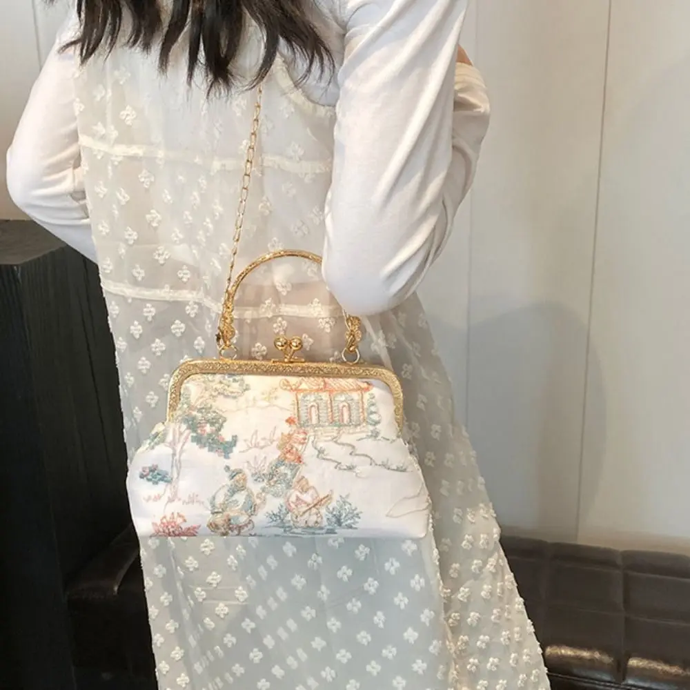 Accesorios Cheongsam, bolso de mano bordado Retro, bolso de muñeca de gran capacidad, bolso de hombro Hanfu, bolso cruzado con cierre de beso