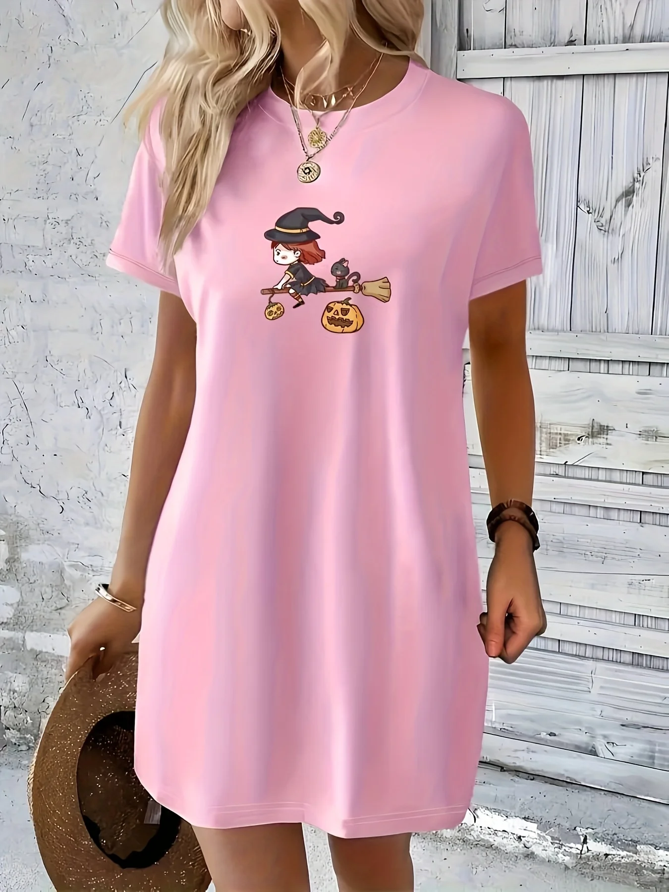 Plus Size Women's Halloween Graphic T-Shirt Dress Short Sleeve O-neck Casual Summer with Witch and Broomstick Print Casual Wear